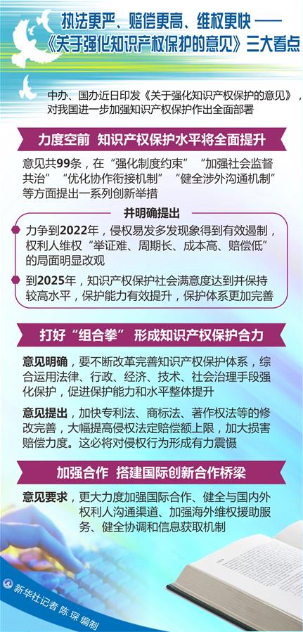 （圖表）[新華調(diào)查]執(zhí)法更嚴(yán)、賠償更高、維權(quán)更快——《關(guān)于強(qiáng)化知識(shí)產(chǎn)權(quán)保護(hù)的意見(jiàn)》三大看點(diǎn)